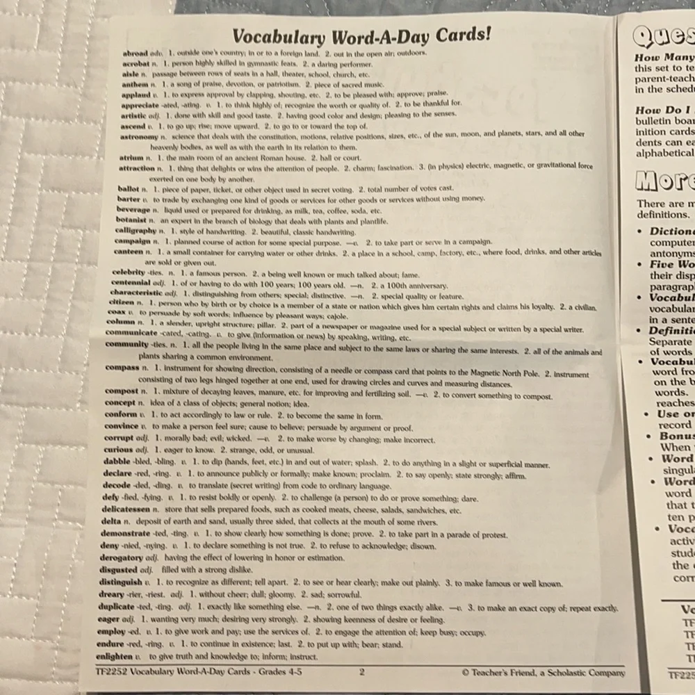 Plastic Coated Vocabulary Words & Definitions